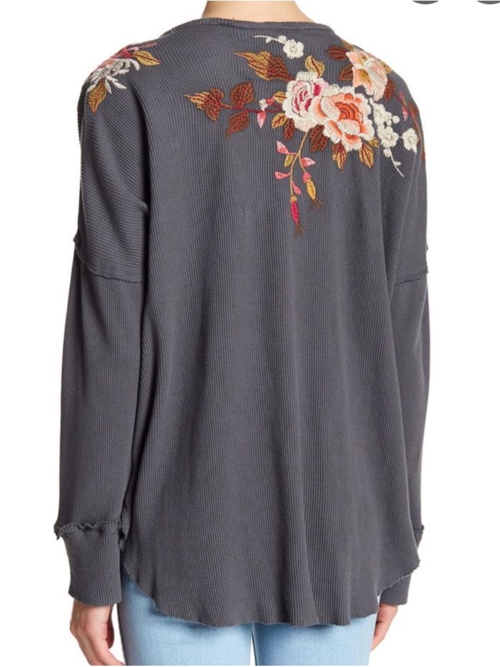 Johnny Was Gray Ribbed Top with Pink & Gold Floral Embroidery - Picture 5 of 8